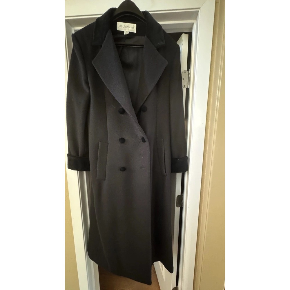 VTG 90s Liz Claiborne 100% Wool Trench Coat Black‎ Velvet Collar Cuffs Womens 12